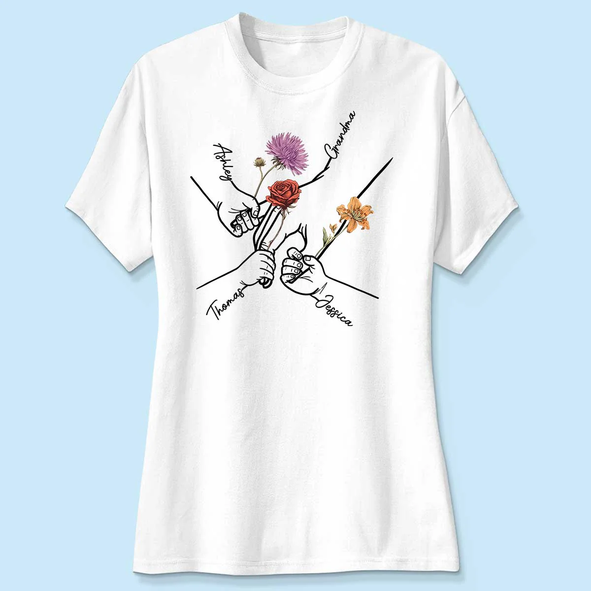 Kids Holding Grandma Mom Hand Birth Month Flowers Personalized Shirt - Image 4