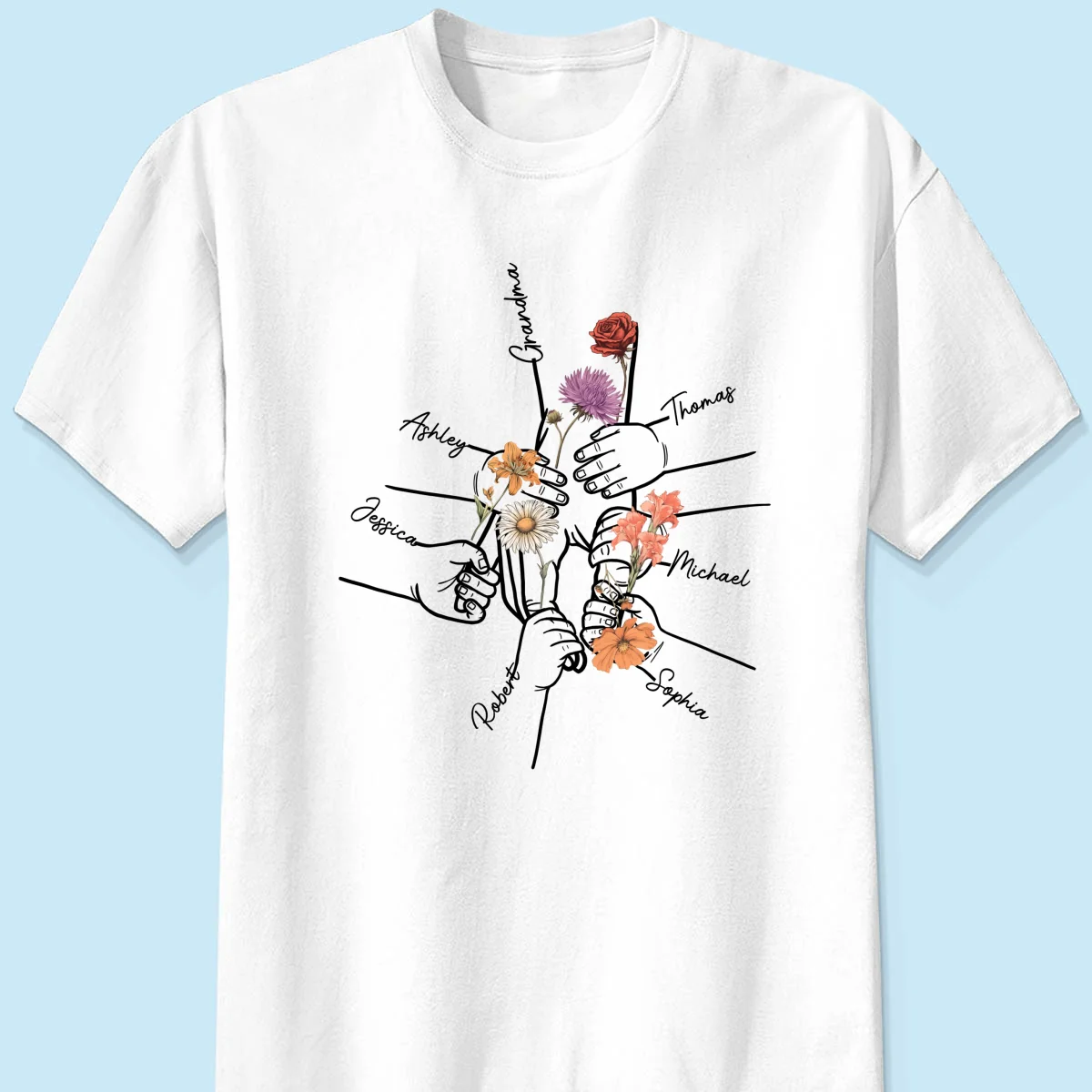 Kids Holding Grandma Mom Hand Birth Month Flowers Personalized Shirt - Image 7