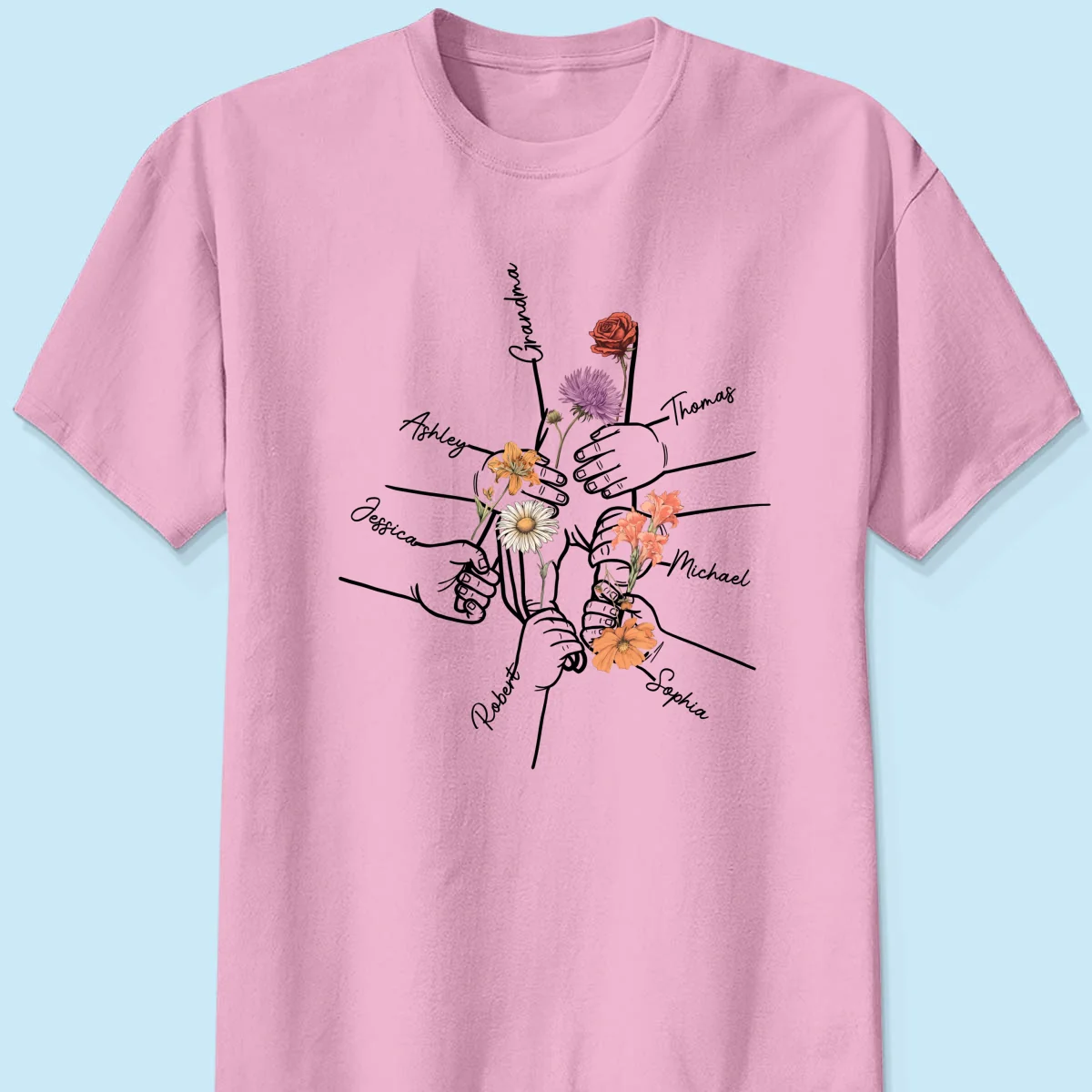 Kids Holding Grandma Mom Hand Birth Month Flowers Personalized Shirt - Image 9