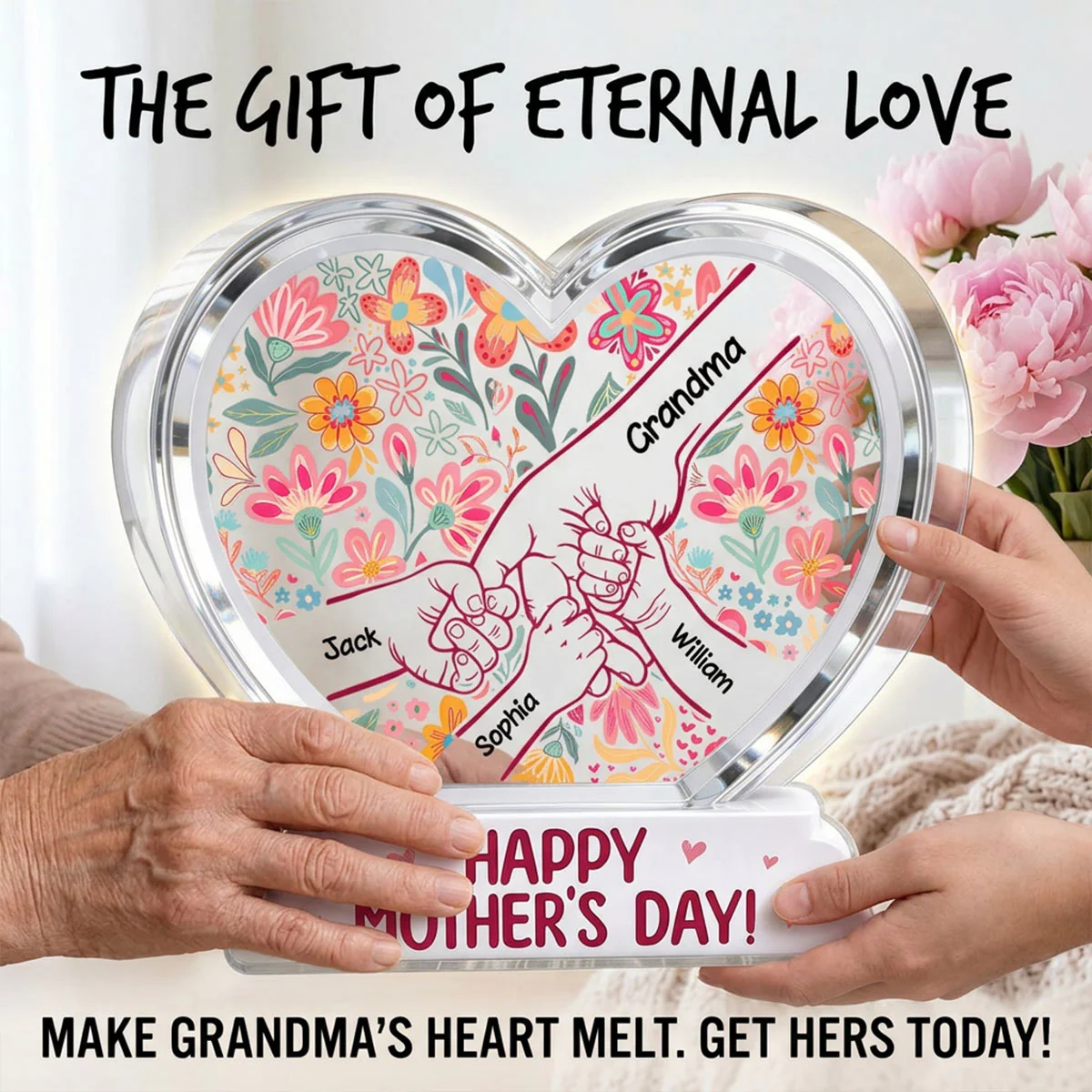 Kids Holding Hand Floral Boho 2D Flat - Personalized Acrylic Block Plaque - Mother's Day Gift For Mom Grandma - Image 10