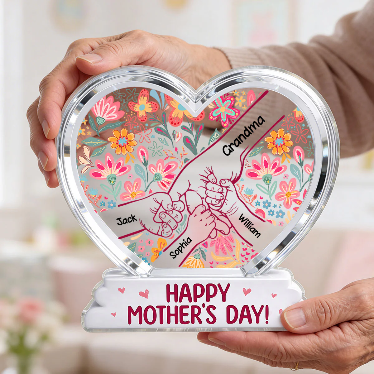 Kids Holding Hand Floral Boho 2D Flat - Personalized Acrylic Block Plaque - Mother's Day Gift For Mom Grandma - Image 4