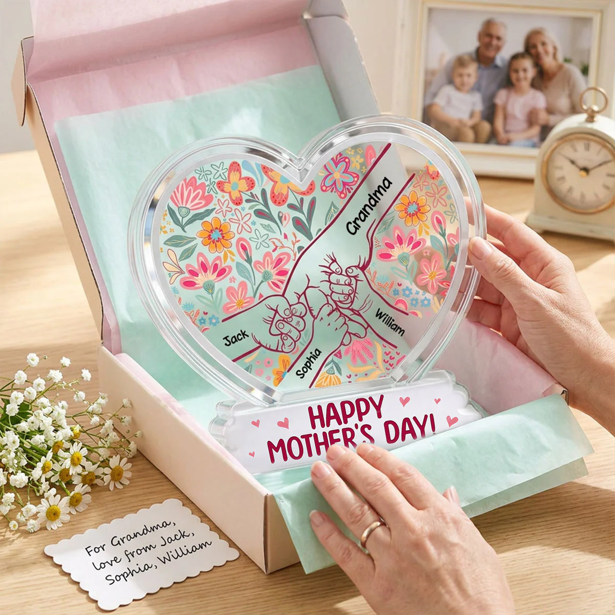 Kids Holding Hand Floral Boho 2D Flat - Personalized Acrylic Block Plaque - Mother's Day Gift For Mom Grandma - Image 5