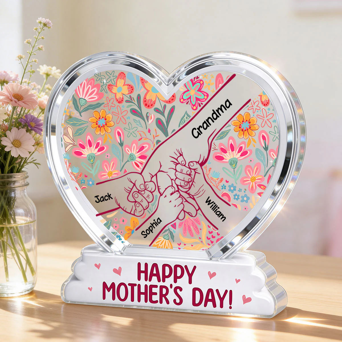 Kids Holding Hand Floral Boho 2D Flat - Personalized Acrylic Block Plaque - Mother's Day Gift For Mom Grandma - Image 7