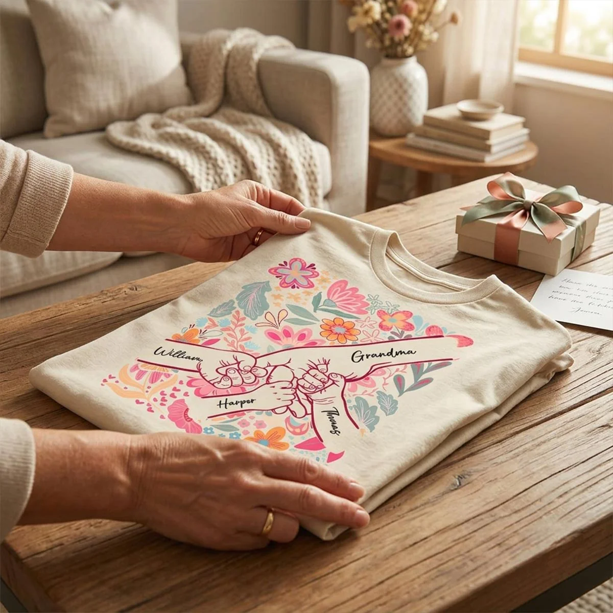 Kids Holding Hand Floral Boho - Personalized Shirt - Mother's Day Gift For Mom Grandma - Image 2