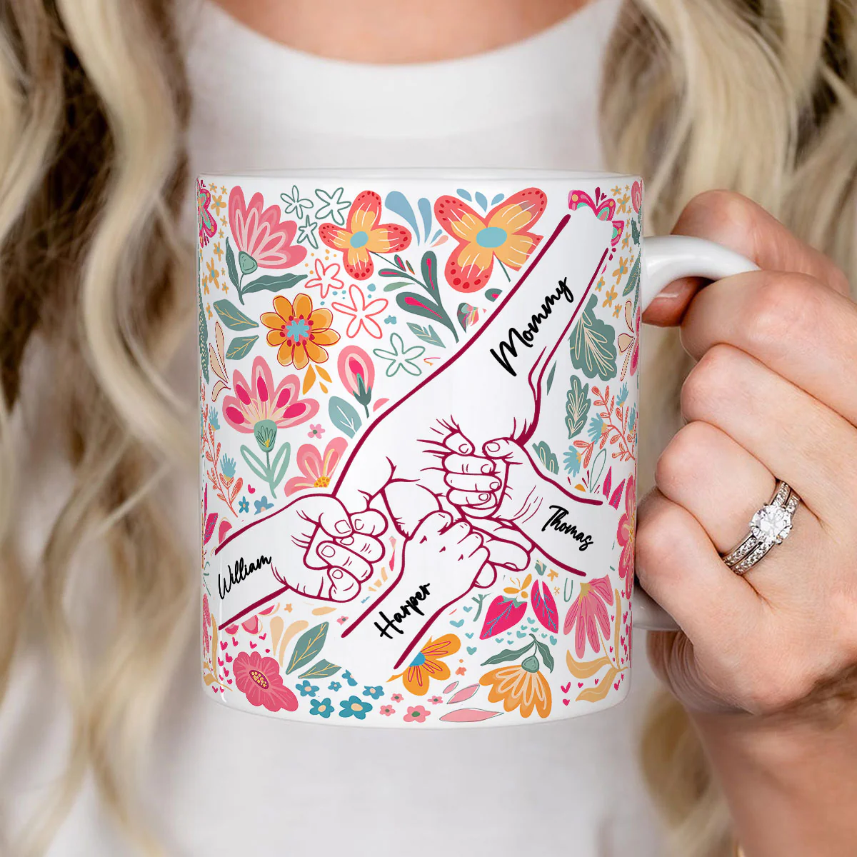 Kids Holding Hand Outline Floral Boho - Personalized Mug - Mother's Day Gift For Mom Grandma - Image 2