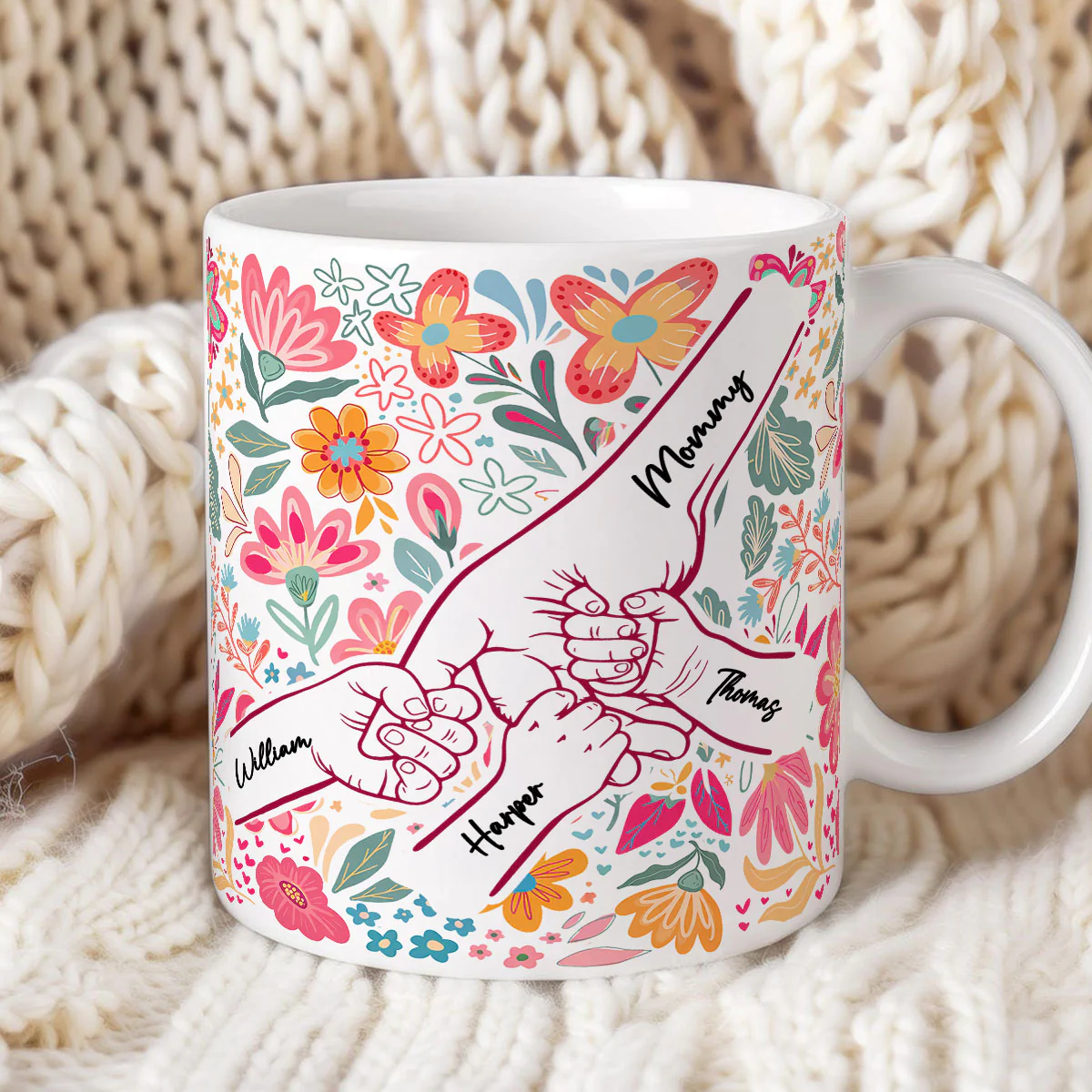 Kids Holding Hand Outline Floral Boho - Personalized Mug - Mother's Day Gift For Mom Grandma - Image 3