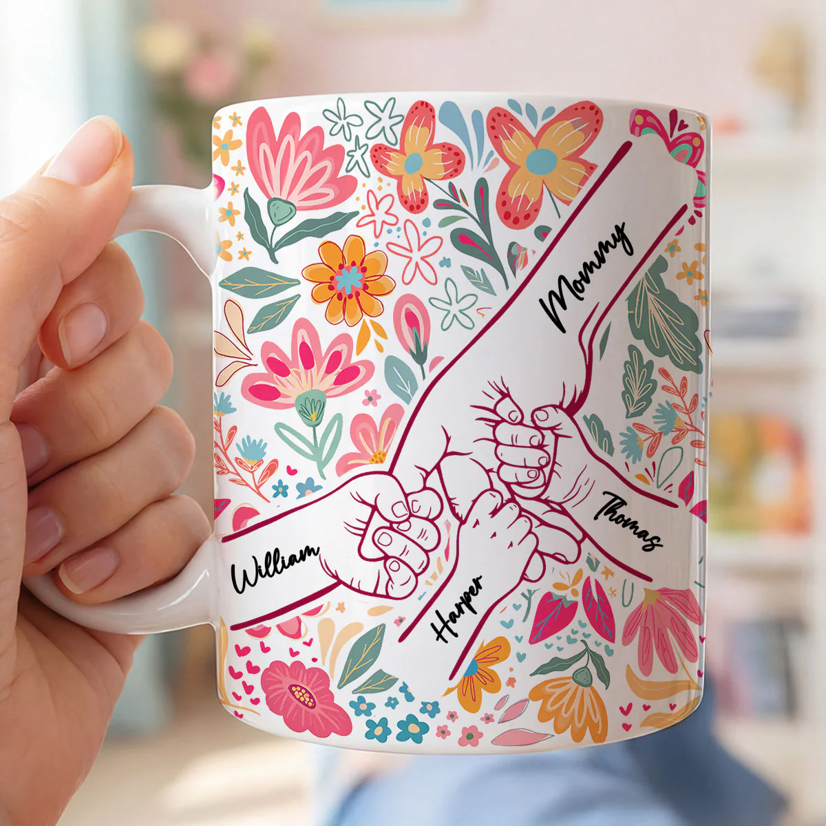 Kids Holding Hand Outline Floral Boho - Personalized Mug - Mother's Day Gift For Mom Grandma - Image 4