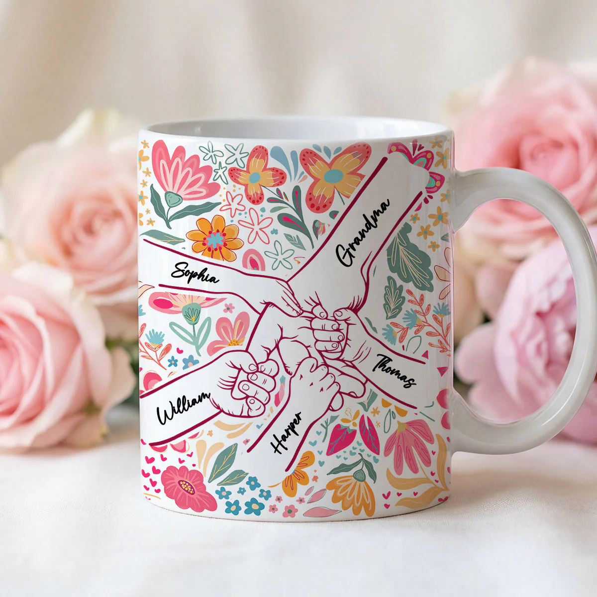 Kids Holding Hand Outline Floral Boho - Personalized Mug - Mother's Day Gift For Mom Grandma - Image 5