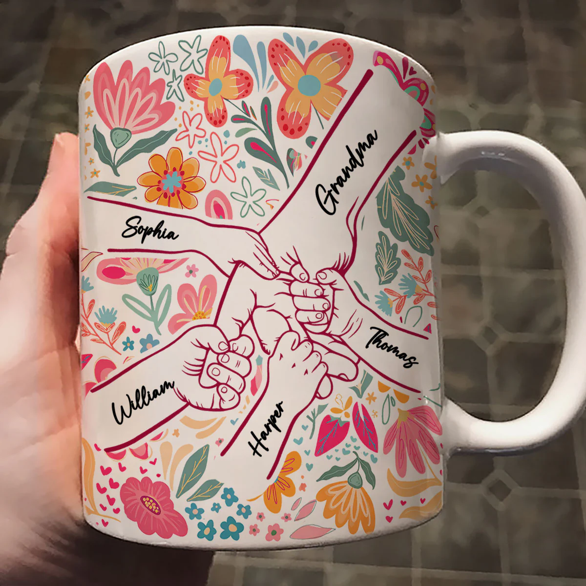 Kids Holding Hand Outline Floral Boho - Personalized Mug - Mother's Day Gift For Mom Grandma - Image 6