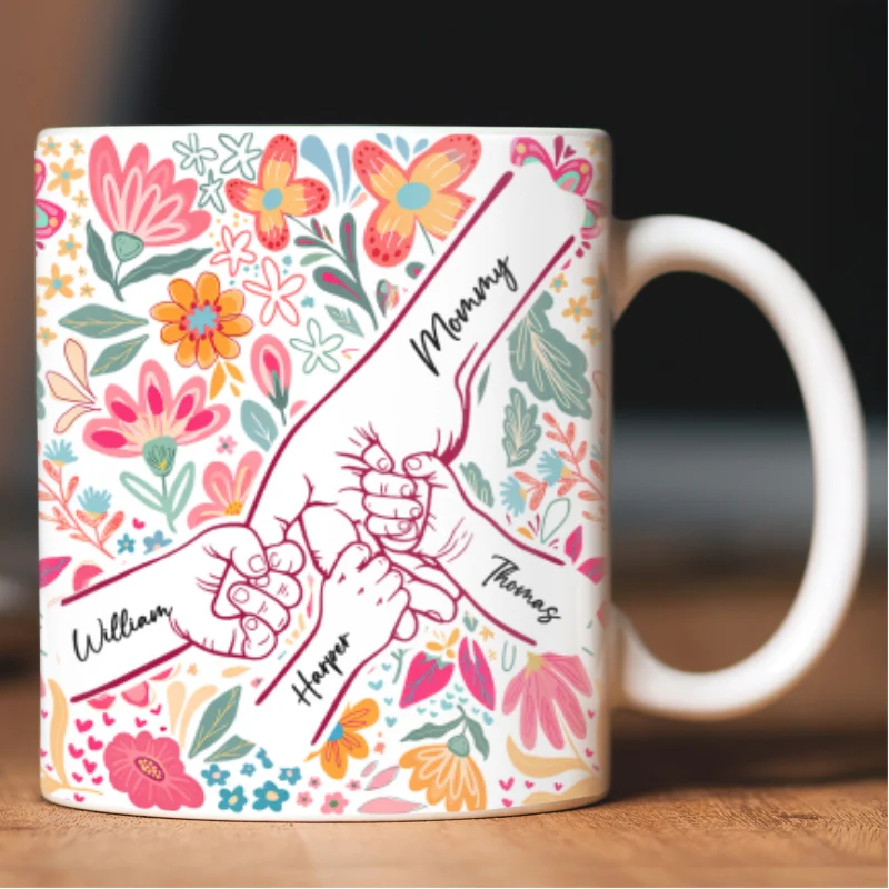 Kids Holding Hand Outline Floral Boho - Personalized Mug - Mother's Day Gift For Mom Grandma - Image 9