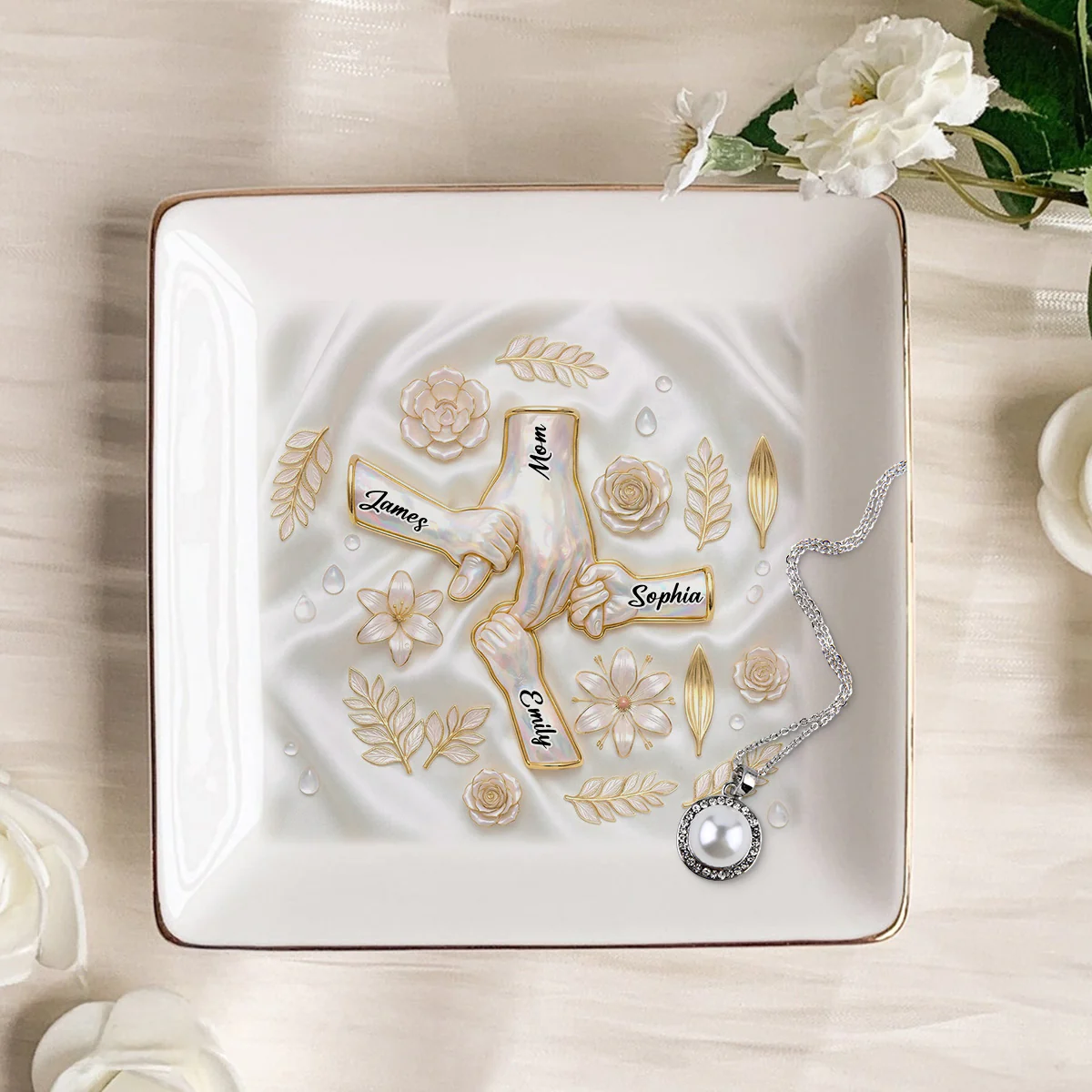 Kids Holding Mom Grandma Hand 2D Printed - Personalized Jewelry Dish - Mother's Day Gift For Mom, Grandma - Image 3