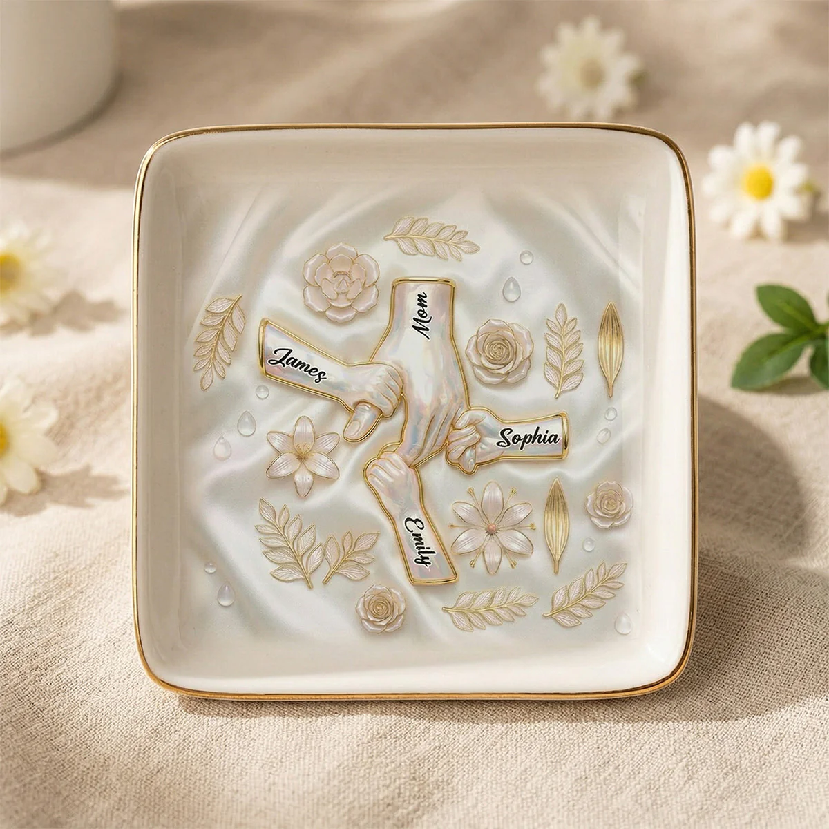 Kids Holding Mom Grandma Hand 2D Printed - Personalized Jewelry Dish - Mother's Day Gift For Mom, Grandma