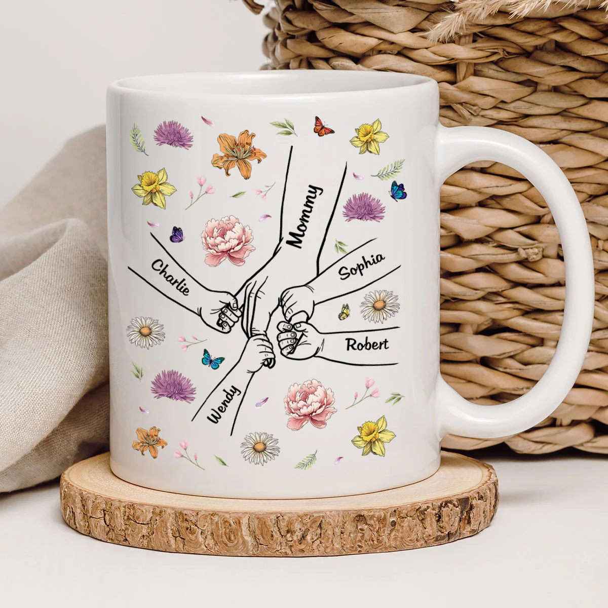Kids Holding Mom Grandma Hand Birth Month Flowers Background Personalized Mug - Image 2