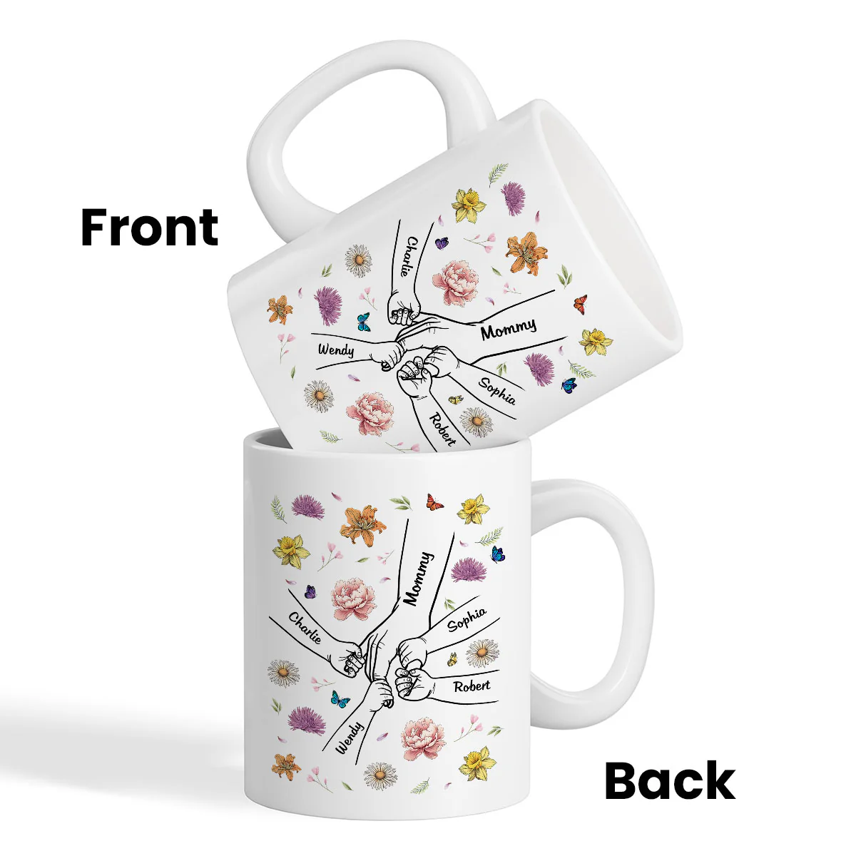 Kids Holding Mom Grandma Hand Birth Month Flowers Background Personalized Mug - Image 3