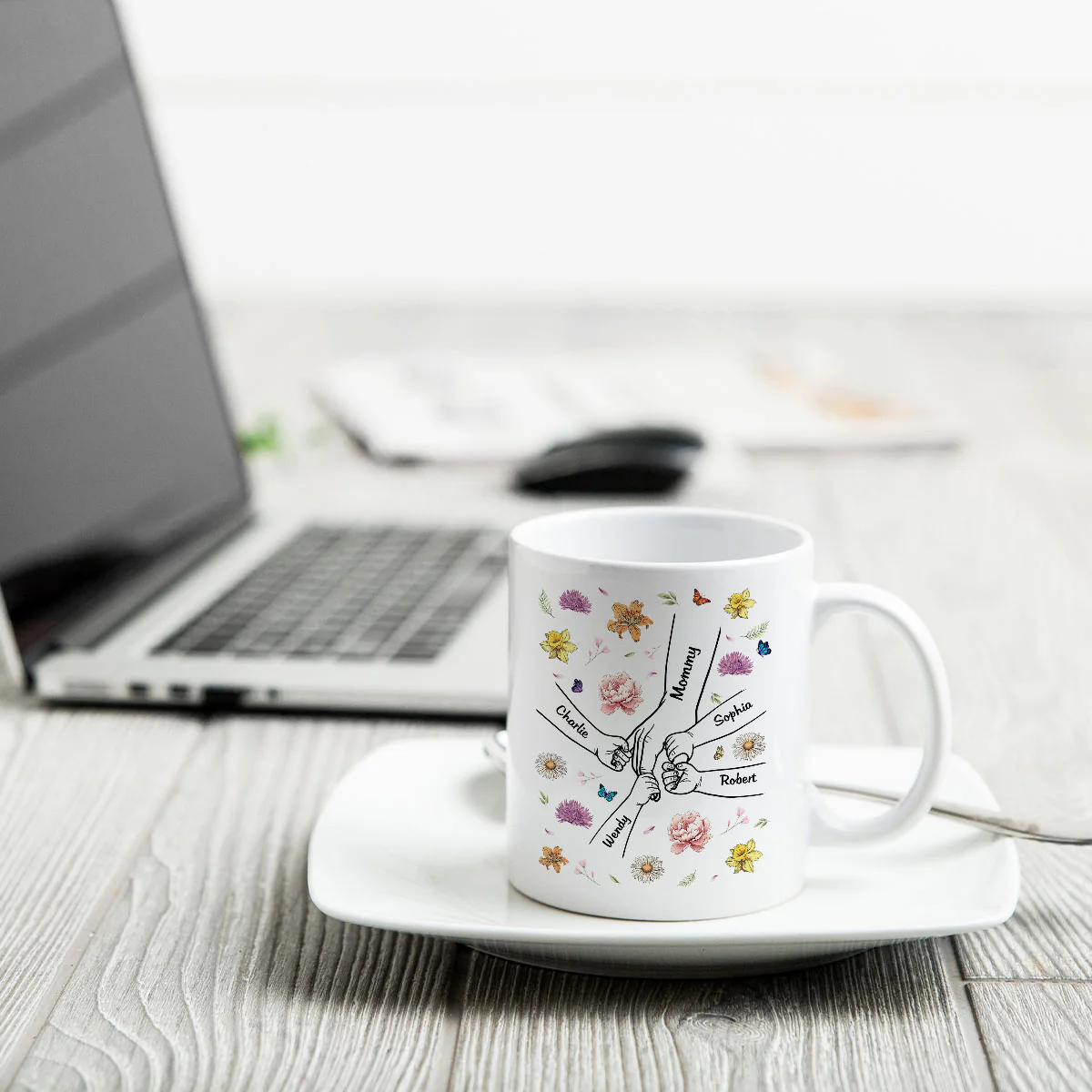 Kids Holding Mom Grandma Hand Birth Month Flowers Background Personalized Mug - Image 4