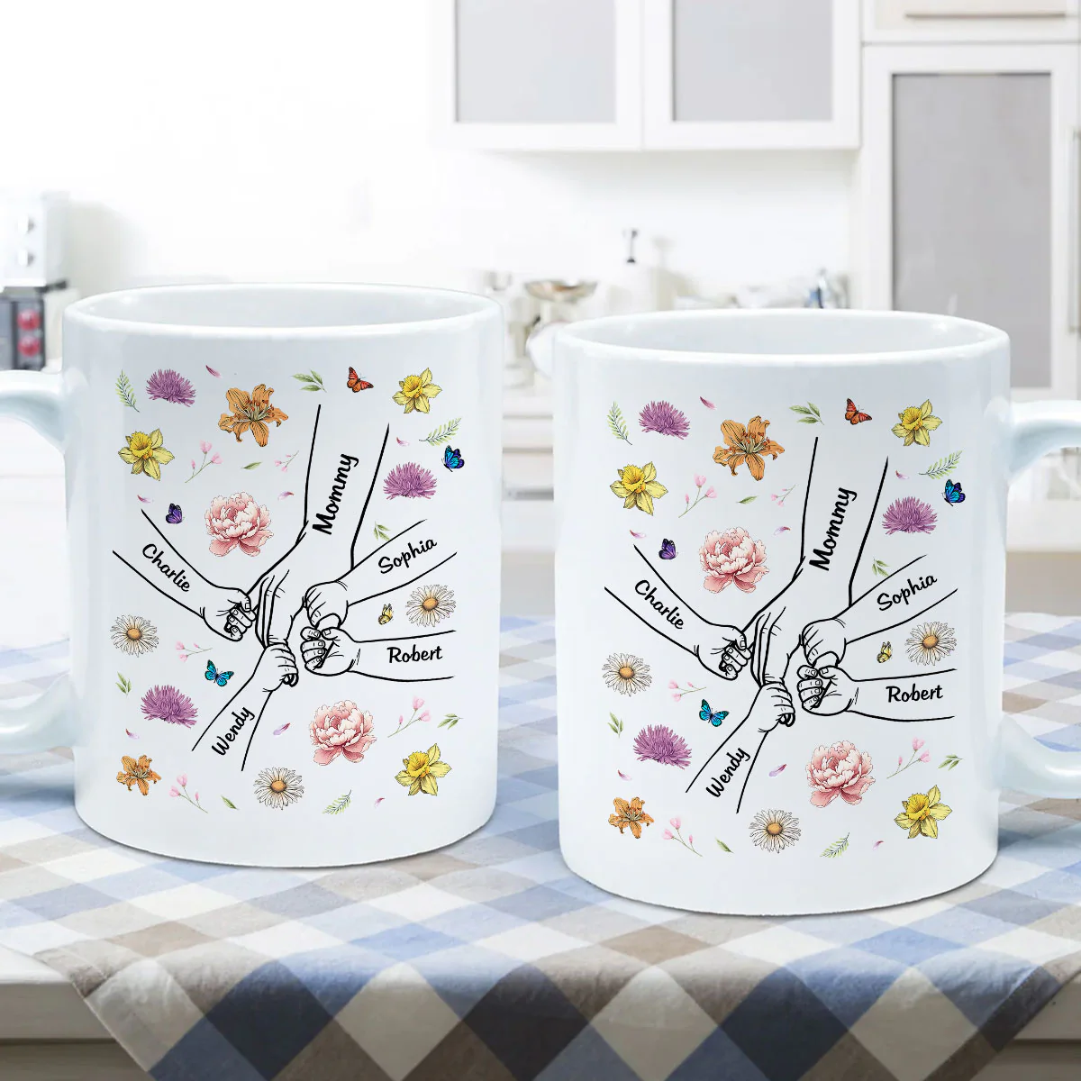 Kids Holding Mom Grandma Hand Birth Month Flowers Background Personalized Mug - Image 5