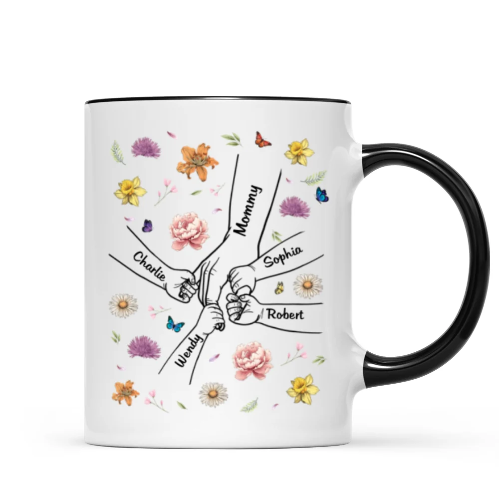 Kids Holding Mom Grandma Hand Birth Month Flowers Background Personalized Mug - Image 7