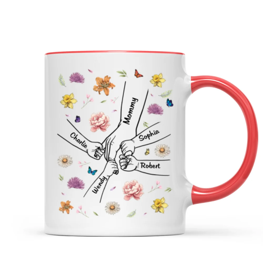 Kids Holding Mom Grandma Hand Birth Month Flowers Background Personalized Mug - Image 9