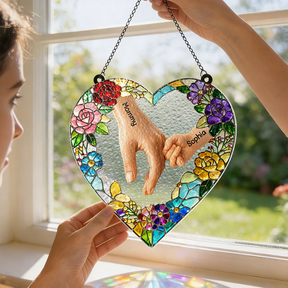 Kids Holding Mom Hand - Personalized Window Hanging Suncatcher - Mother's Day Gift for Mom, Wife - Image 2