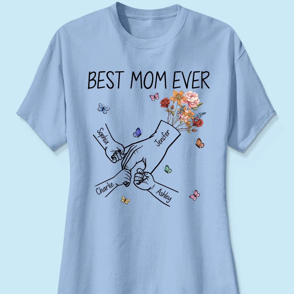 Kids Holding Mom‘s Hand Vintage Birth Month Flowers Gift For Mom Personalized Shirt - Image 14