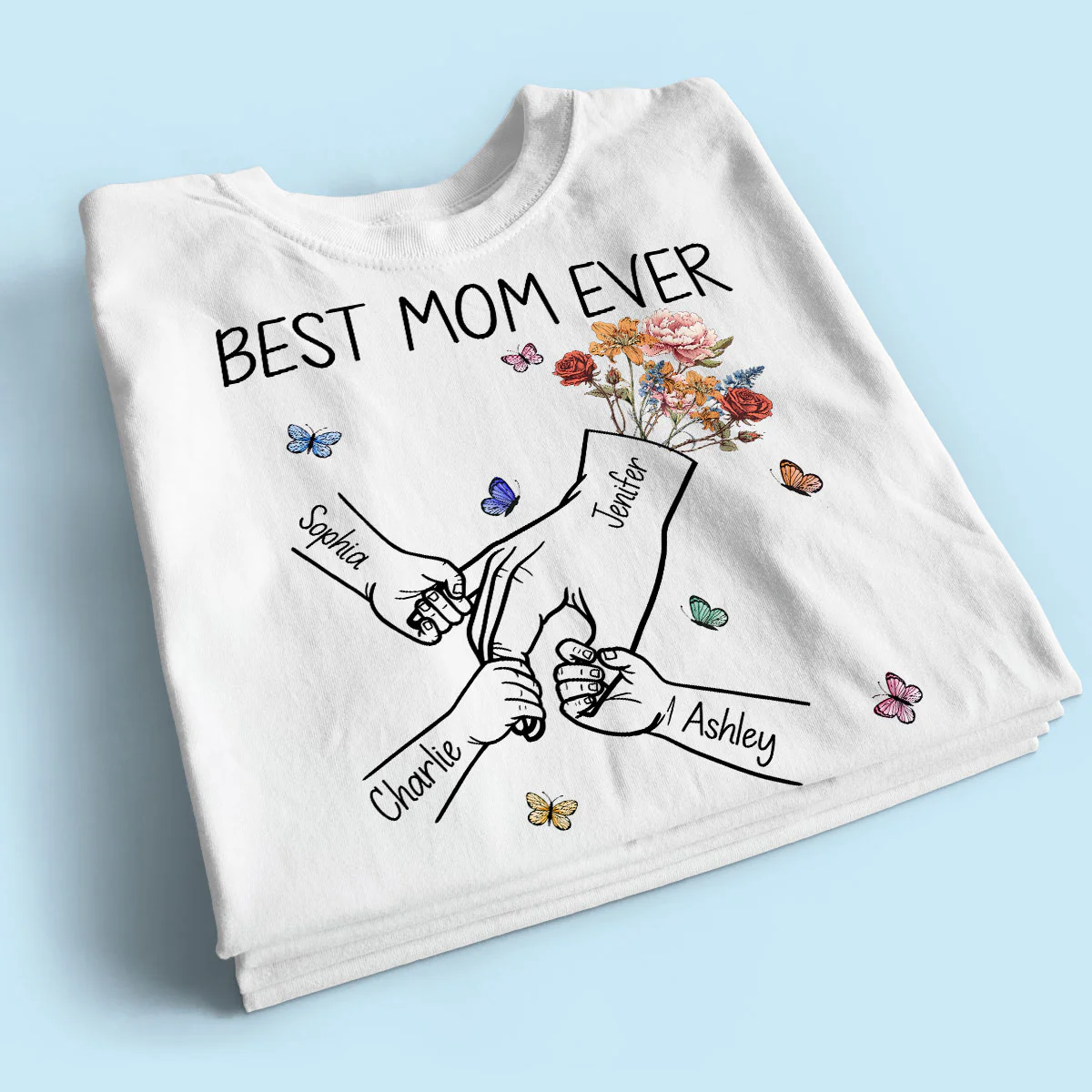 Kids Holding Mom‘s Hand Vintage Birth Month Flowers Gift For Mom Personalized Shirt - Image 2