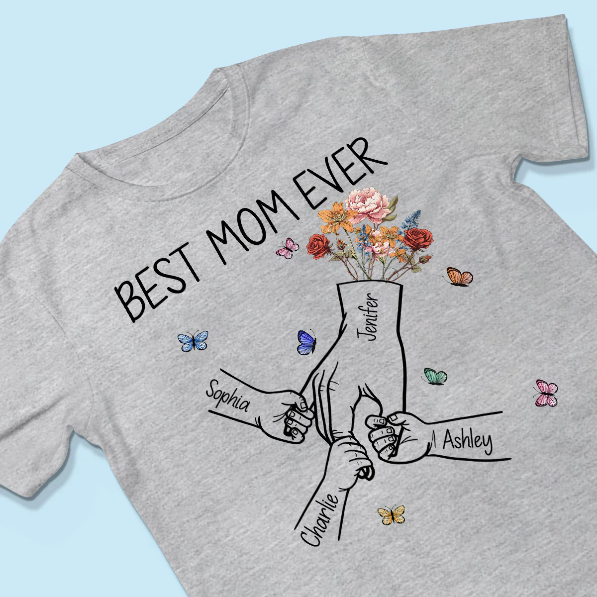 Kids Holding Mom‘s Hand Vintage Birth Month Flowers Gift For Mom Personalized Shirt - Image 3