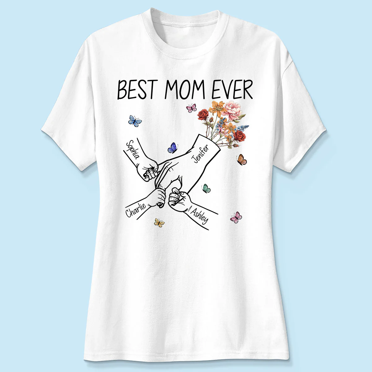 Kids Holding Mom‘s Hand Vintage Birth Month Flowers Gift For Mom Personalized Shirt - Image 4