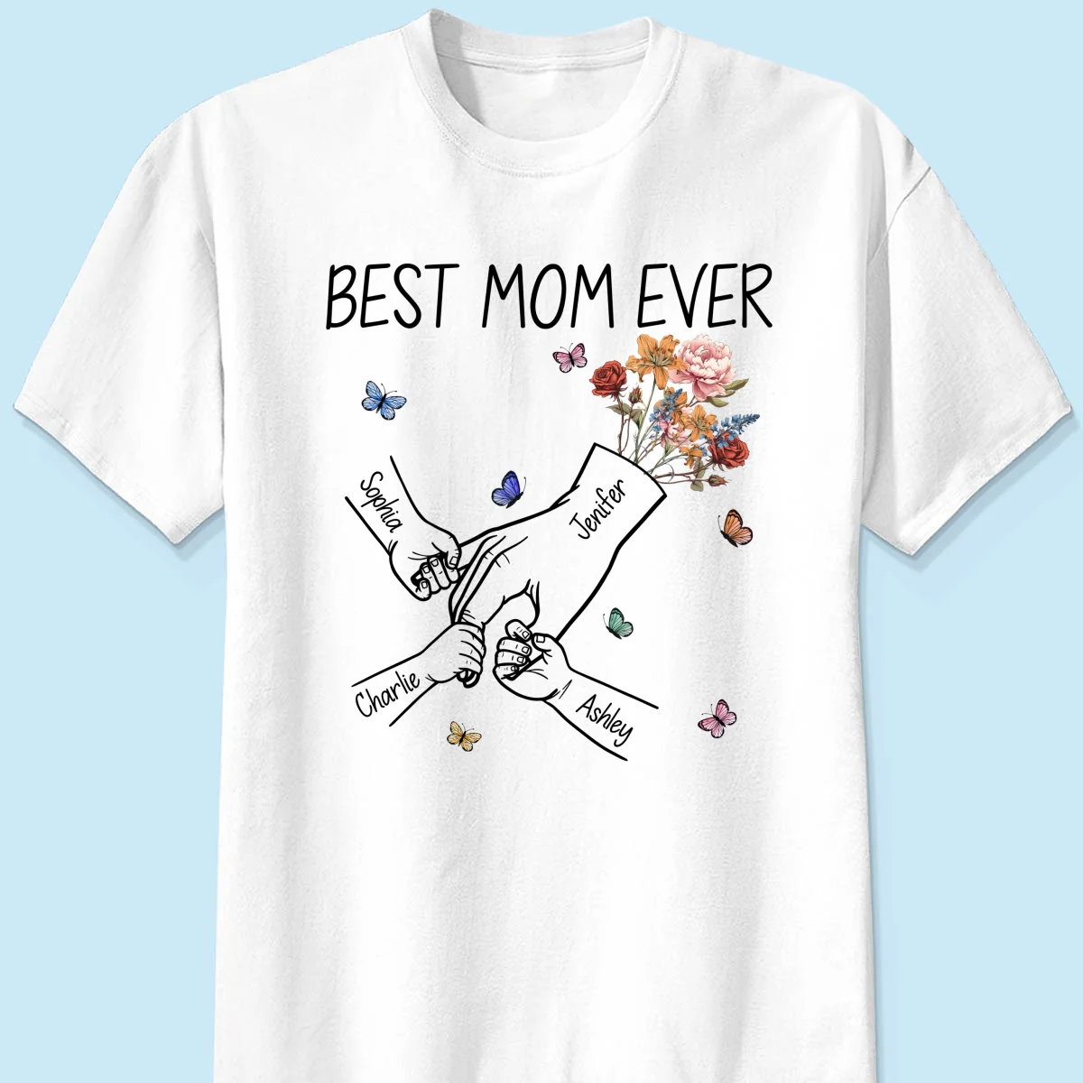 Kids Holding Mom‘s Hand Vintage Birth Month Flowers Gift For Mom Personalized Shirt - Image 7
