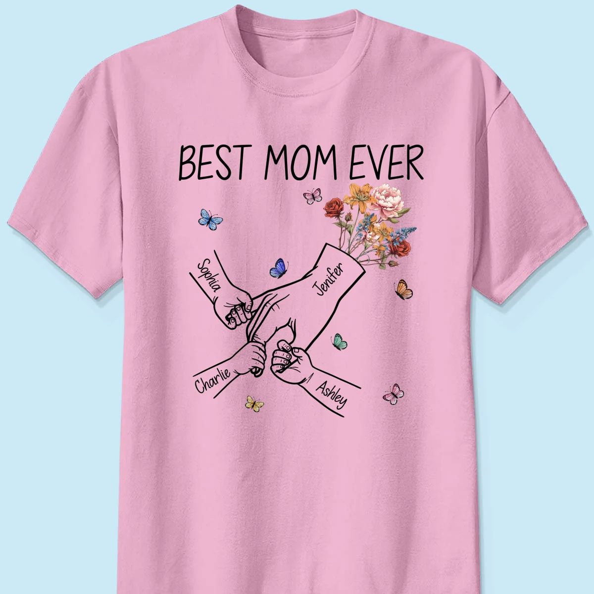 Kids Holding Mom‘s Hand Vintage Birth Month Flowers Gift For Mom Personalized Shirt - Image 9