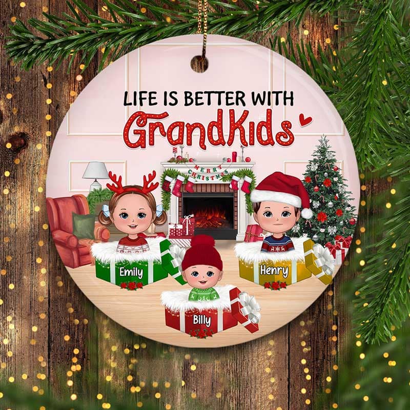 Kids Inside Christmas Box Personalized Circle Ornament - Image 2