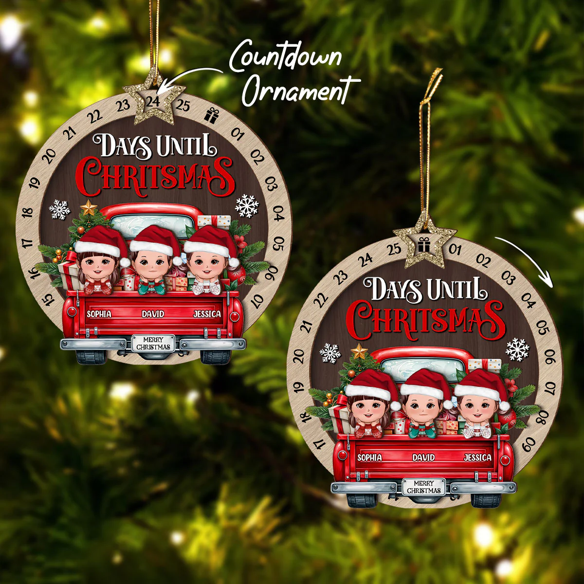Kids On Christmas Truck Personalized Countdown Ornament