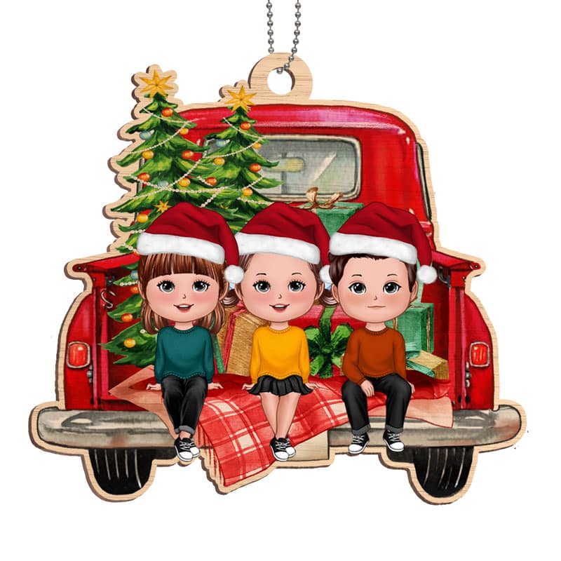 Kids On Red Truck Christmas Personalized Wooden Ornament