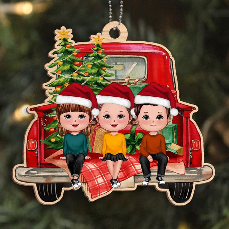 Kids On Red Truck Christmas Personalized Wooden Ornament - Image 3