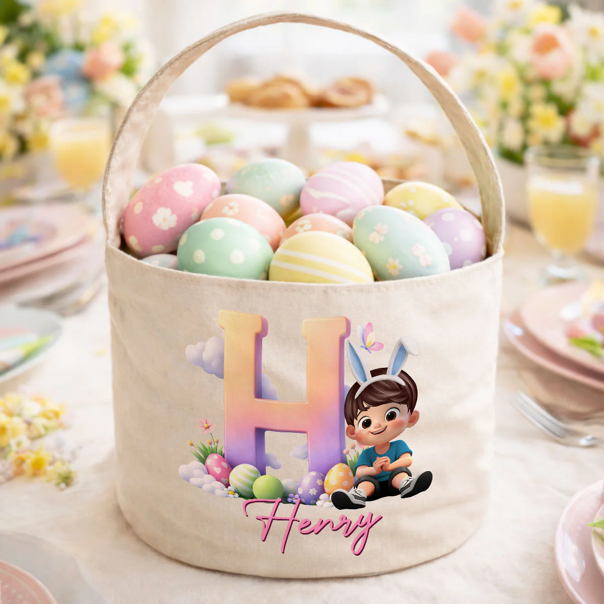 Kids Sitting With Initial Letters Easter Egg Hunt Bag - Personalized Bucket Bag - Gift For Kids, Grandkids, Easter Gift - Image 2