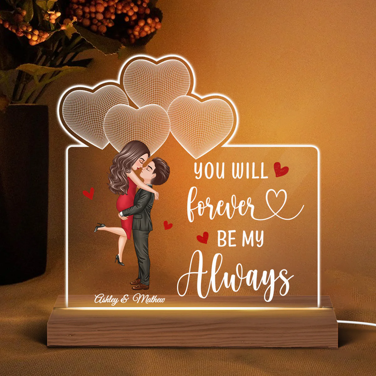 Kissing Couple Under 3D Heart Together Since Personalized Custom Shape Acrylic Plaque With LED Night Light - Anniversary Gift For Couple - Gift For Him Gift For Her - Image 3