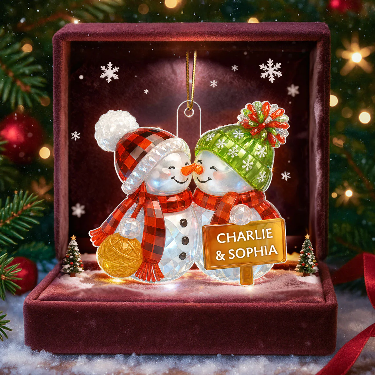 Kissing Snowman Couple 3D Crystal Effect - Personalized Acrylic Ornament - Image 2