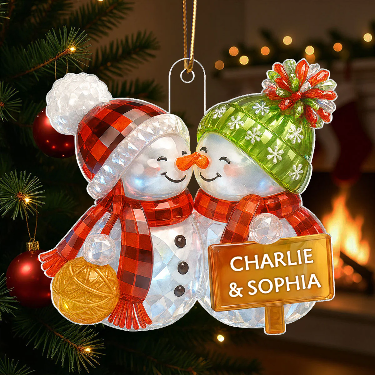 Kissing Snowman Couple 3D Crystal Effect - Personalized Acrylic Ornament - Image 4