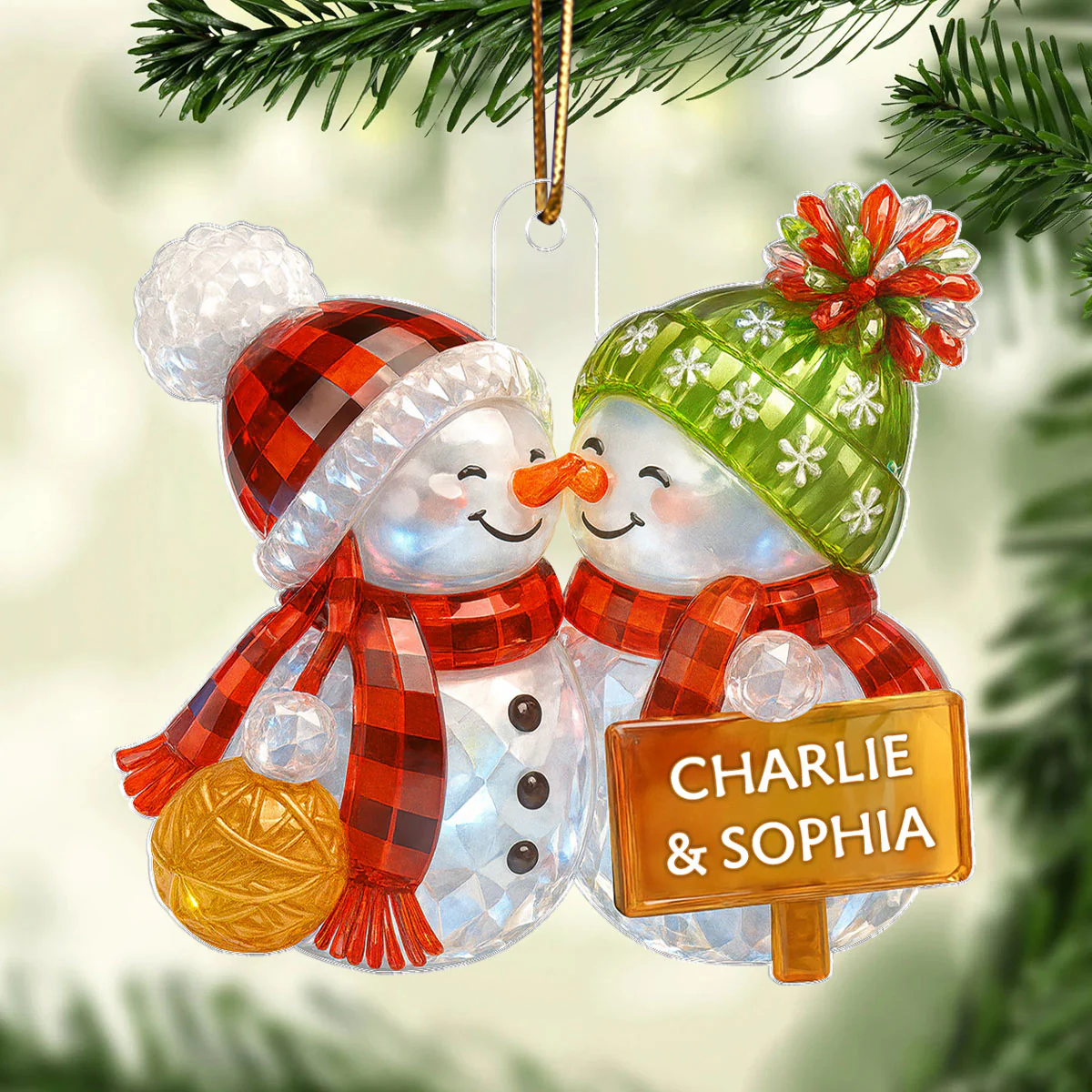 Kissing Snowman Couple 3D Crystal Effect - Personalized Acrylic Ornament - Image 6