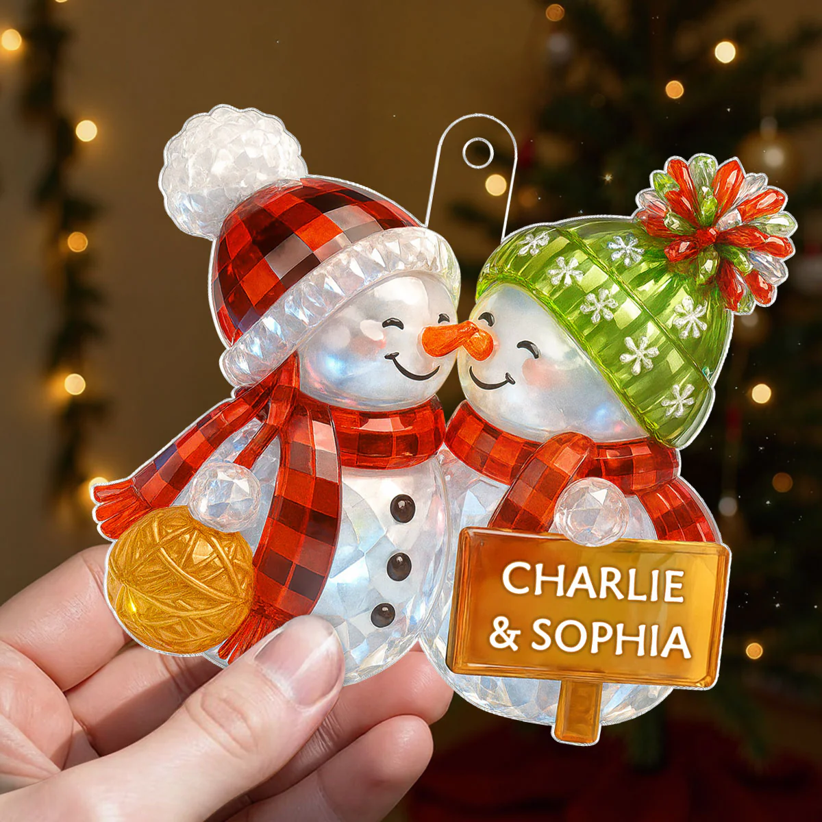 Kissing Snowman Couple 3D Crystal Effect - Personalized Acrylic Ornament - Image 7
