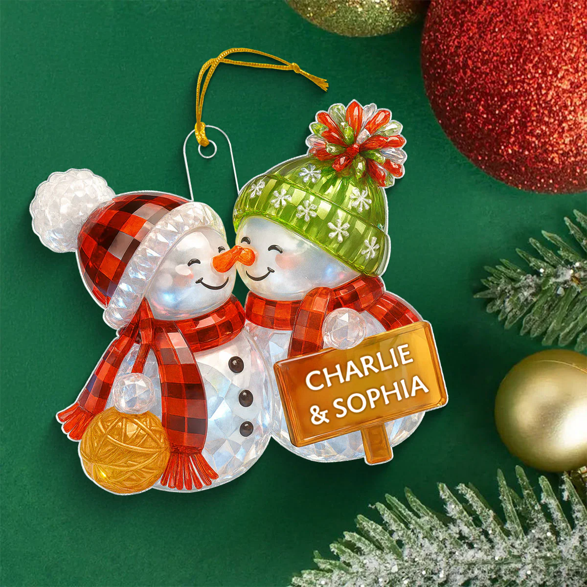 Kissing Snowman Couple 3D Crystal Effect - Personalized Acrylic Ornament - Image 9
