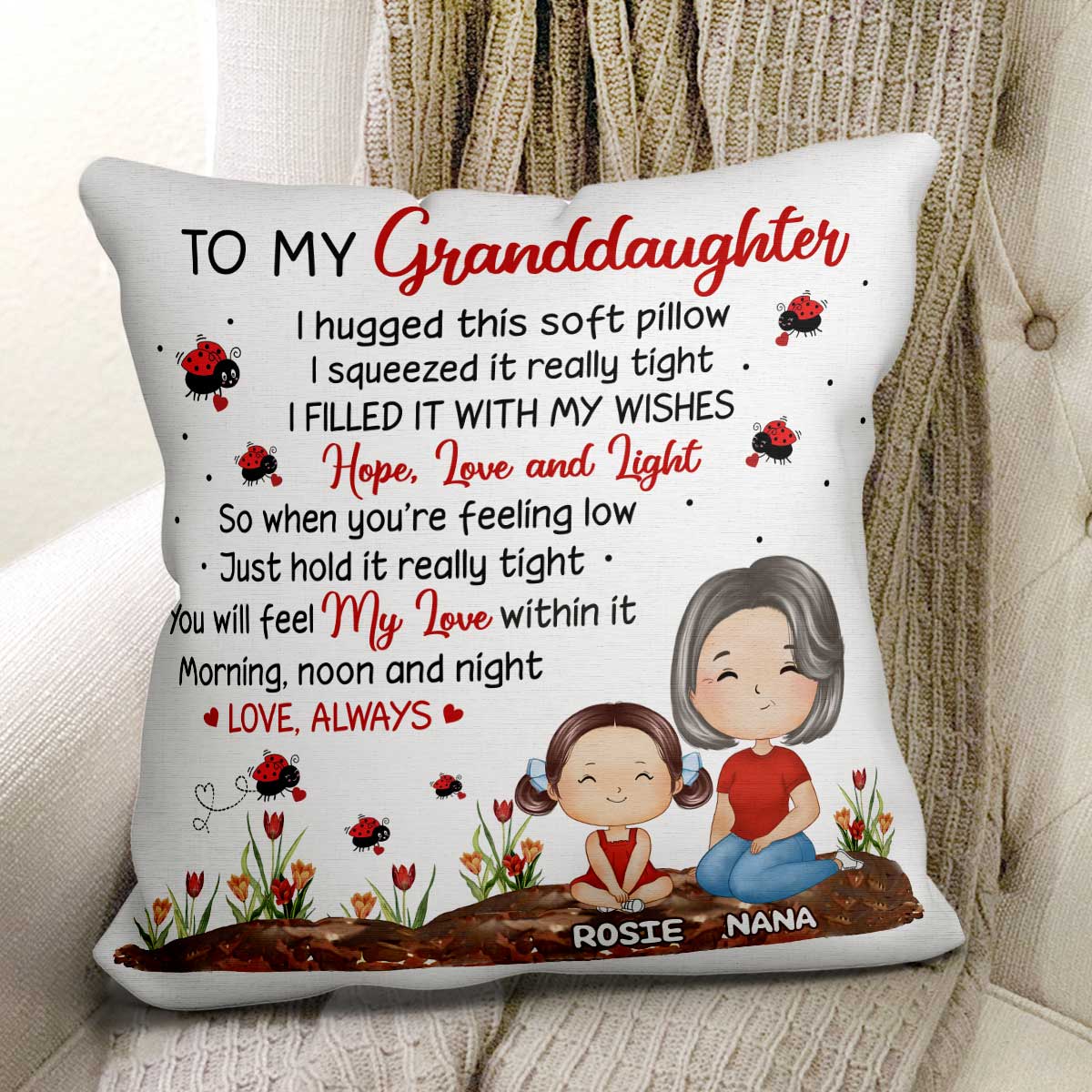 Lady Bug To My Granddaughter Grandson Doll Grandma Grandkids Watercolor Style Gift For Grandchildren Personalized Pillow - Image 2