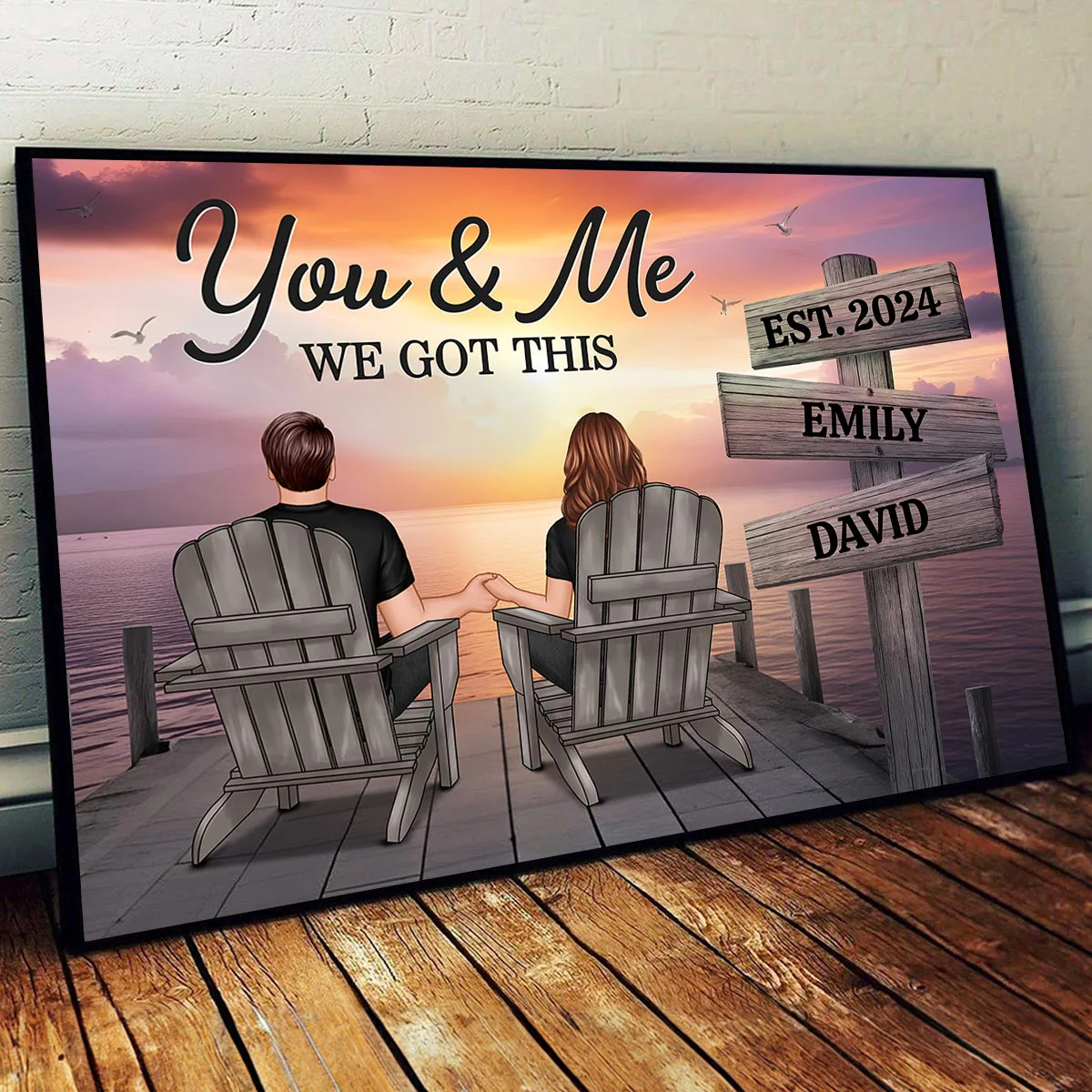 Lake Dock Couple Sitting Holding Hands Sign Posts Personalized Poster, Home Decoration, Gift For Her, For Him - Image 2