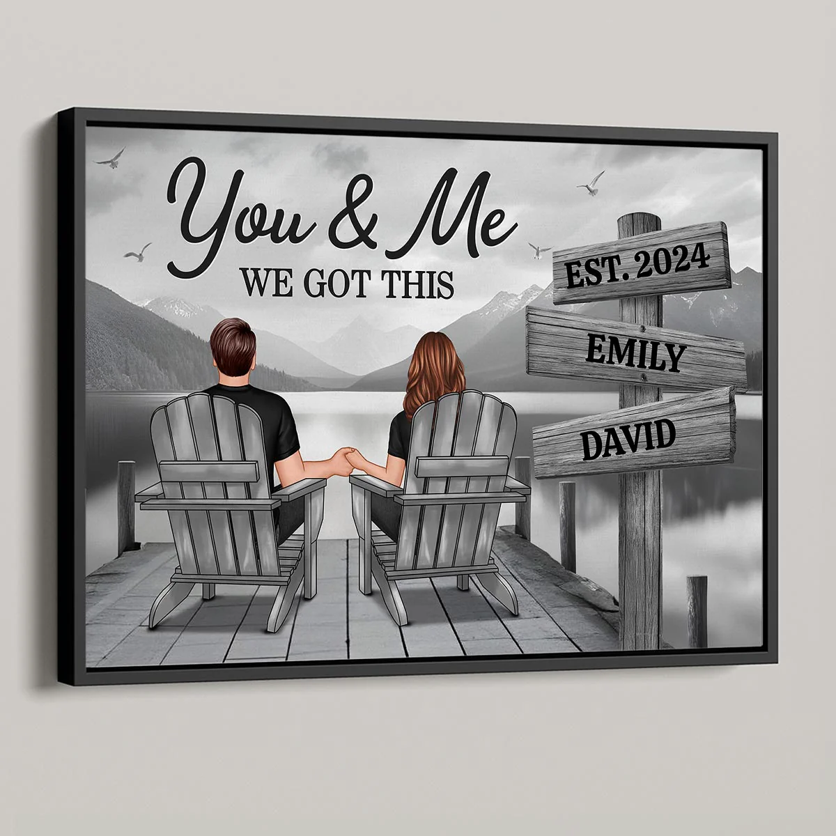 Lake Dock Couple Sitting Holding Hands Sign Posts Personalized Poster, Home Decoration, Gift For Her, For Him - Image 3