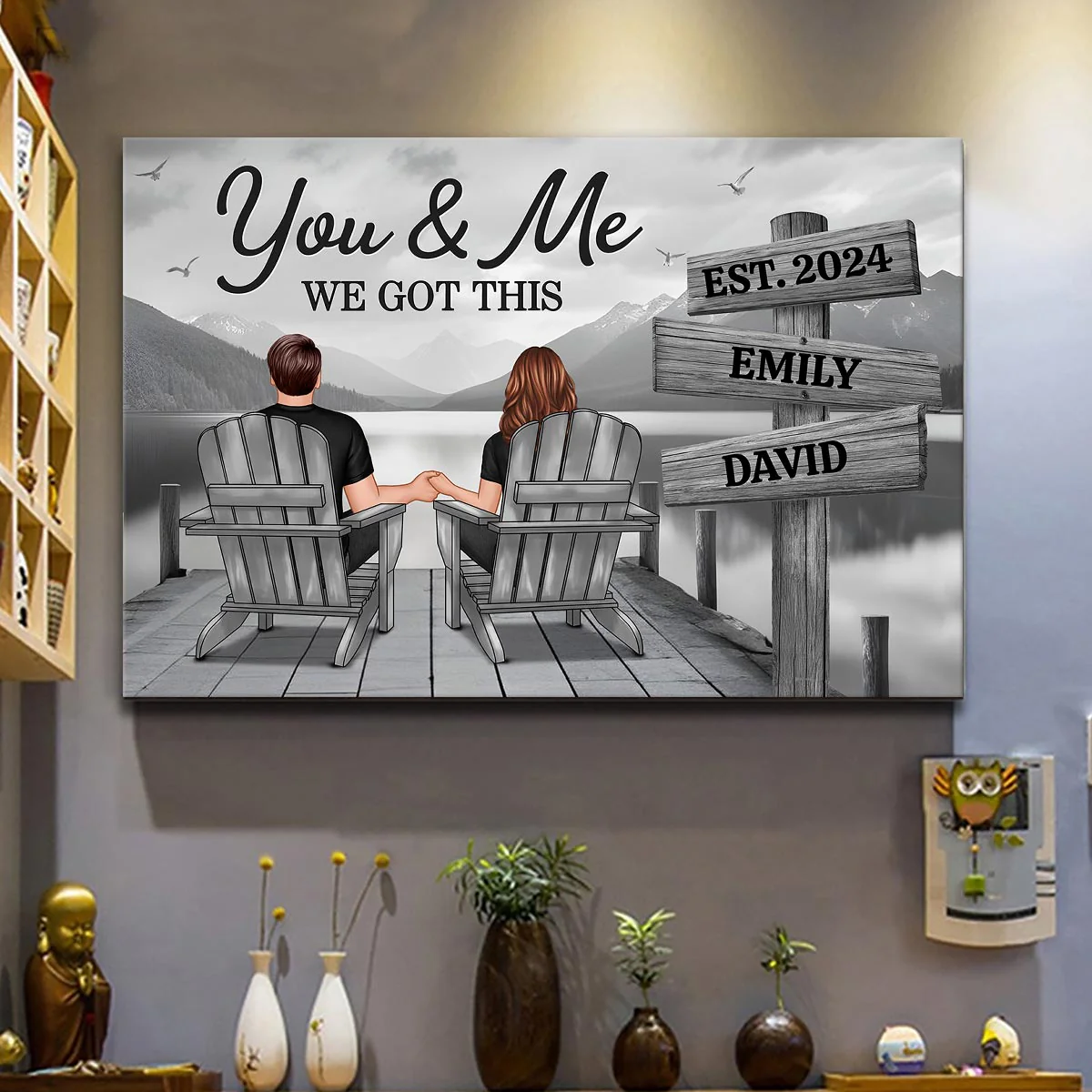 Lake Dock Couple Sitting Holding Hands Sign Posts Personalized Poster, Home Decoration, Gift For Her, For Him - Image 5