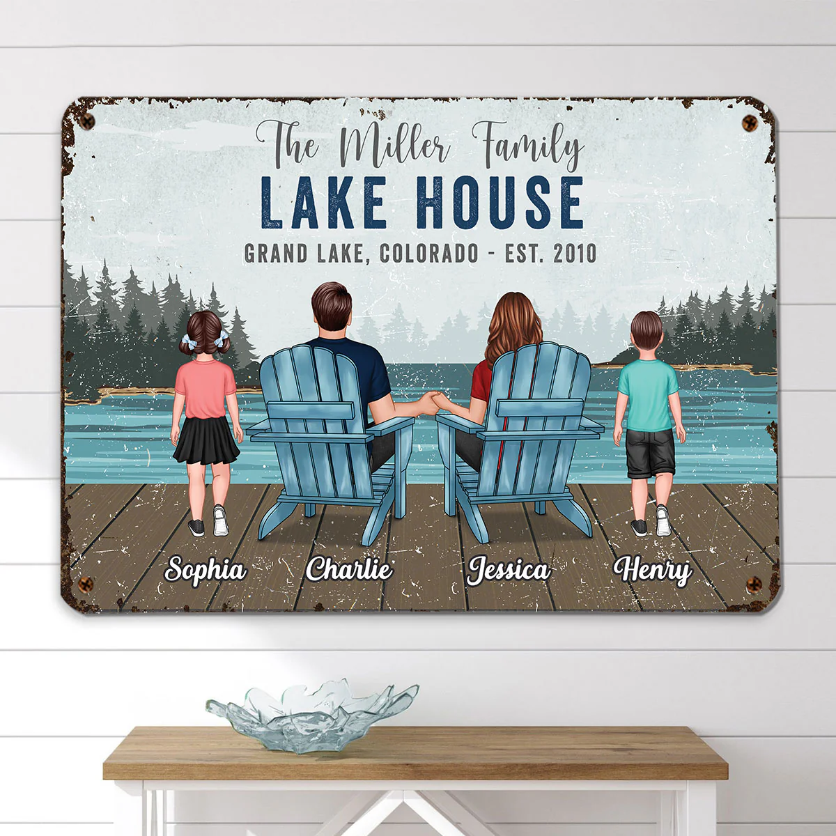 Lake House Sign Family Couple Kid Back View Lake View Personalized Metal Sign - Image 2