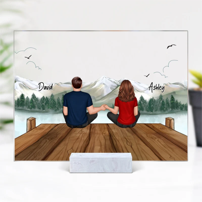 Lake Mountain View Landscape Back View Couple Sitting Gift For Him For Her Personalized Acrylic Plaque - Image 4