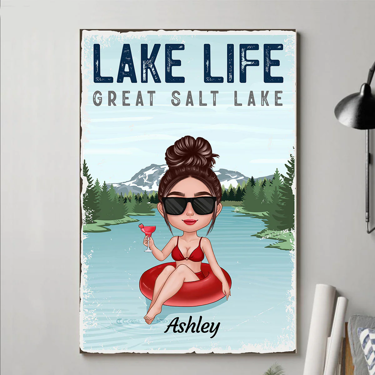 Lake Life Lake House Decor Doll Girl On Pool Float Personalized Vertical Poster - Image 2