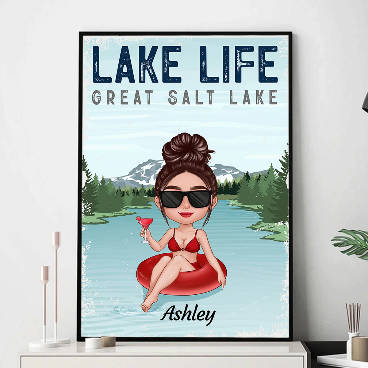 Lake Life Lake House Decor Doll Girl On Pool Float Personalized Vertical Poster - Image 3