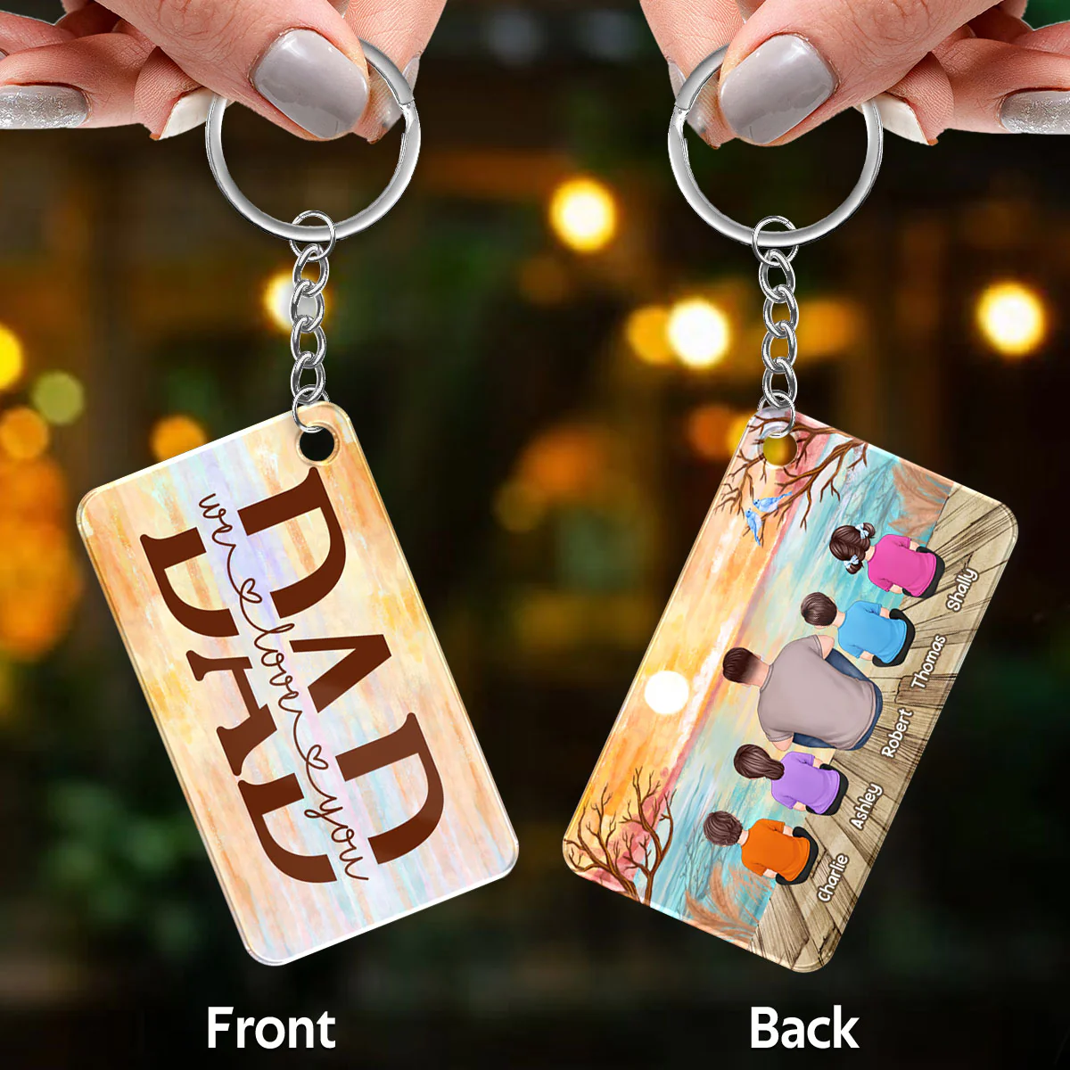 Lake View Best Dad Ever Back View Man Sitting With Kids Dogs Cats Personalized Acrylic Keychain - Image 2