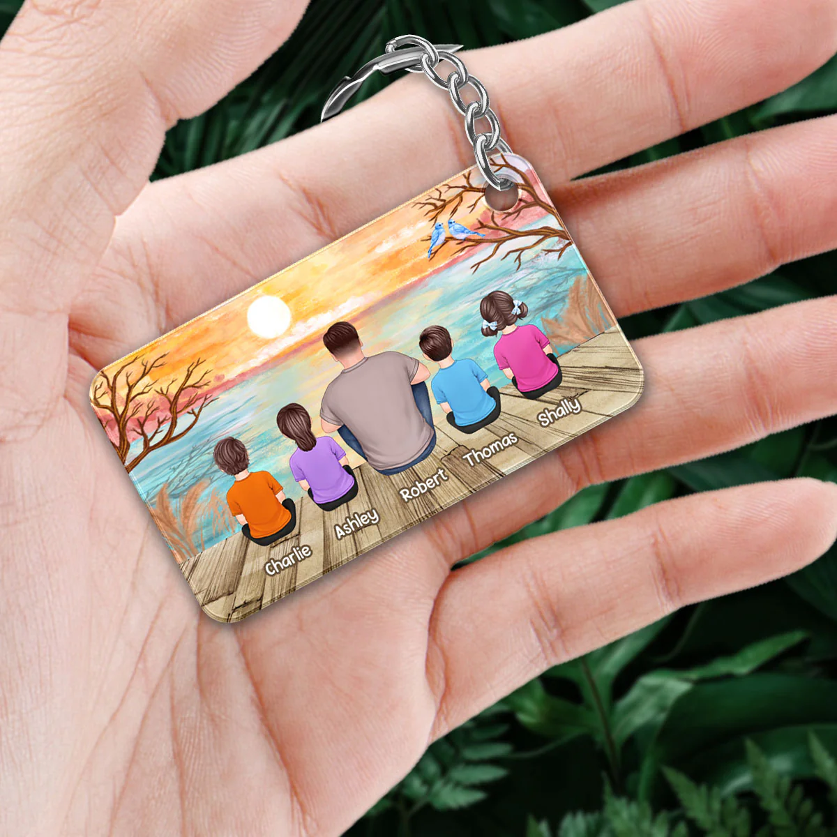 Lake View Best Dad Ever Back View Man Sitting With Kids Dogs Cats Personalized Acrylic Keychain - Image 3